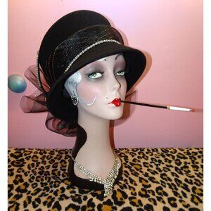 Vintage Black Wool Church Hat Rhinestones mesh bow feathers Kentucky Derby retro